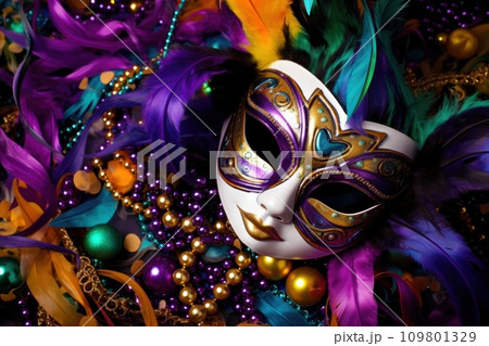 Vivid Mardi Gras background featuring masks, streamers, and lively colors, Vivid Mardi Gras background featuring masks, streamers, and lively colors, 109801329