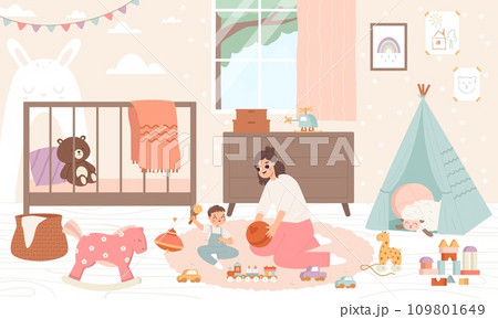 Girl play with baby. Babysitter, sister or young mother playing with toddler in toys. Funny characters in nursery, childcare snugly vector scene 109801649