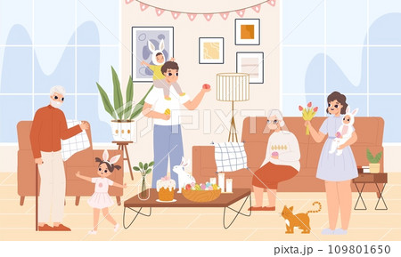 Family celebrating easter at home. Cute holiday people in bunny costumes with eggs, flowers and pets. Children and adults, snugly vector scene Family celebrating easter at home. Cute holiday people in bunny costumes with eggs, flowers and pets. Children and adults, snugly vector scene 109801650