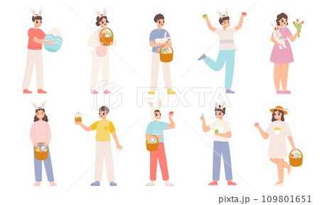 Easter people characters. Young adults with rabbit, decor eggs and festive basket. Cute bunny on hands, springtime holidays snugly vector clipart 109801651