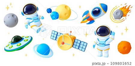 Space cartoon 3d elements. Ufo ship, rocket and astronaut character in suit. Realistic universe objects in plastic style. Planets and satellite pithy vector set Space cartoon 3d elements. Ufo ship, rocket and astronaut character in suit. Realistic universe objects in plastic style. Planets and satellite pithy vector set 109801652