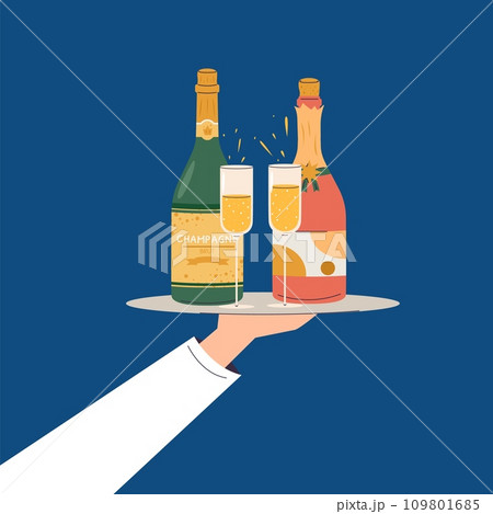 Waiter hold champagne bottles with glasses. Sparkling wine on tray, Happy New year celebrating. Anniversary or birthday party with alcoholic drinks, vector concept Waiter hold champagne bottles with glasses. Sparkling wine on tray, Happy New year celebrating. Anniversary or birthday party with alcoholic drinks, vector concept 109801685