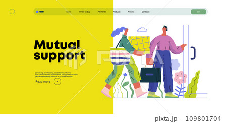 Mutual Support: Door Holding - modern flat vector concept illustration of woman carrying heavy box and man holding door for her. A metaphor of voluntary, collaborative exchanges of resource, services 109801704