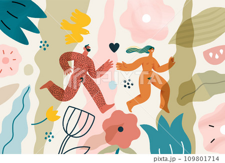 Valentine: Love Chase - modern flat vector concept illustration of laughing naked couple running in a floral environment. Metaphor of sex, affection, love, pursuit in romance 109801714