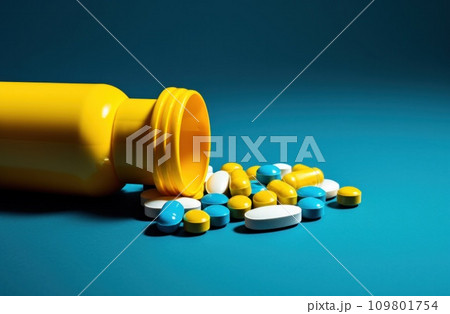 one bottle of medicine with multicolored pills one bottle of medicine with multicolored pills 109801754