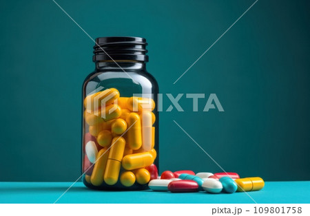one bottle of medicine with multicolored pills 109801758