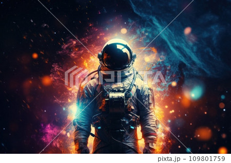 Vibrant astronaut in space, surrounded by cosmic wonders, offering ample copy space for text Vibrant astronaut in space, surrounded by cosmic wonders, offering ample copy space for text 109801759