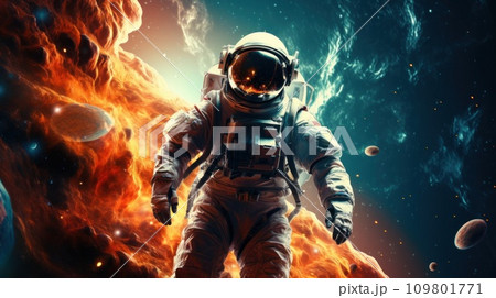 Vibrant astronaut in space, surrounded by cosmic wonders, offering ample copy space for text Vibrant astronaut in space, surrounded by cosmic wonders, offering ample copy space for text 109801771