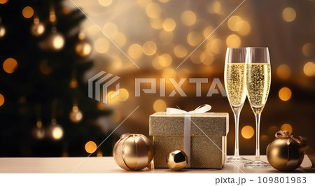 champagne glasses, champagne and gift boxes on a table with christmas tree champagne glasses, champagne and gift boxes on a table with christmas tree 109801983
