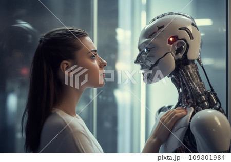 young woman looking at a machine'man 109801984