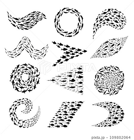 Shoal fish. Silhouettes of different underwater fishes recent vector shoal pictures Shoal fish. Silhouettes of different underwater fishes recent vector shoal pictures 109802064