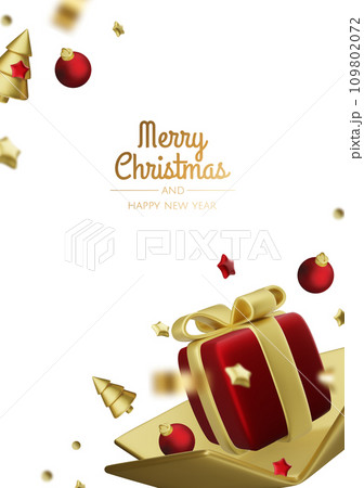Happy New Year and Merry Christmas. Christmas holiday background with realistic 3d objects,gold and red bauble balls, conical metal stars. Levitation falling design composition. 109802072