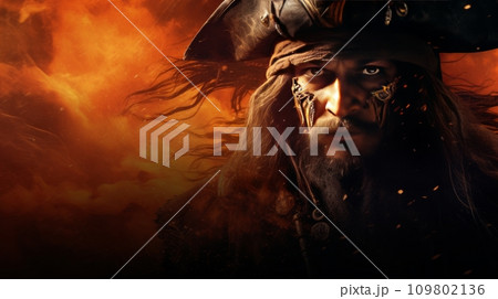 Vivid background with a charismatic pirate, feathered companion Vivid background with a charismatic pirate, feathered companion 109802136