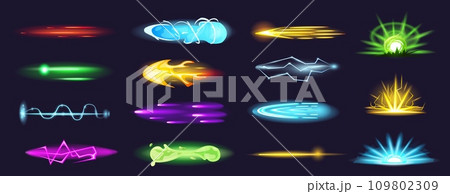Cartoon gun shooting effects. Plasma explosion and laser rays, bright electric lightning and neon flames. Game shoot effect nowaday vector set Cartoon gun shooting effects. Plasma explosion and laser rays, bright electric lightning and neon flames. Game shoot effect nowaday vector set 109802309