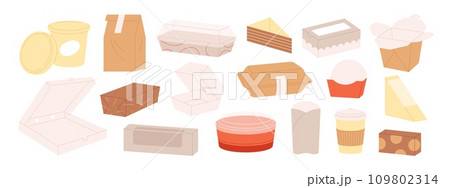 Food take away boxes set. Takeaway plastic and paper containers, delivery packaging. Cardboard recycle pack and cup, racy vector collection Food take away boxes set. Takeaway plastic and paper containers, delivery packaging. Cardboard recycle pack and cup, racy vector collection 109802314