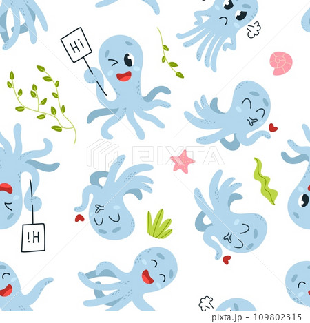 Cartoon octopus seamless pattern. Positive underwater childish fabric template. Cute blue octopuses in various poses. Classy marine vector background Cartoon octopus seamless pattern. Positive underwater childish fabric template. Cute blue octopuses in various poses. Classy marine vector background 109802315