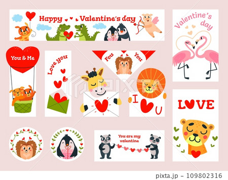 Valentines day banners and stickers, bookmarks and print cards. Funny animals holding hearts in love. Romantic classy cartoon vector characters 109802316