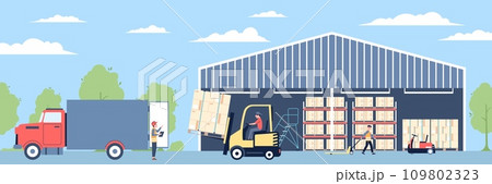 Warehouse outside view. Loading cargo and boxes into truck, workers in uniform. Transportation service, logistic and delivery industry recent vector scene Warehouse outside view. Loading cargo and boxes into truck, workers in uniform. Transportation service, logistic and delivery industry recent vector scene 109802323