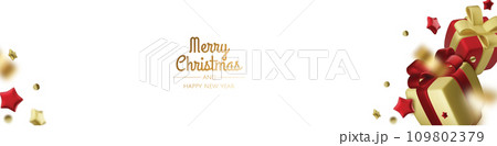 Christmas and New Year background. Xmas background with Christmas tree, gifts, balls, snowflakes. Greeting card, banner, poster 109802379