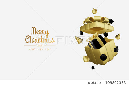 Christmas and New Year design. Realistic gift boxes. Open a gift box full of decorative holiday item. Holiday banner, web poster, flyer, stylish brochure, greeting card, cover. Christmas background Christmas and New Year design. Realistic gift boxes. Open a gift box full of decorative holiday item. Holiday banner, web poster, flyer, stylish brochure, greeting card, cover. Christmas background 109802388