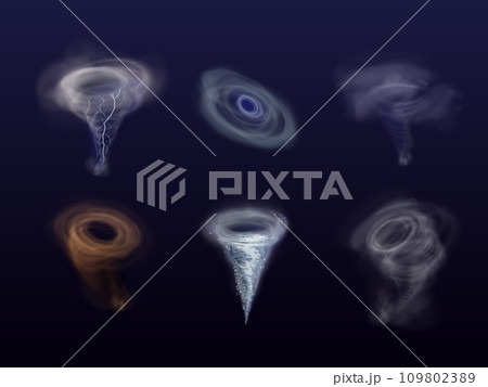 Realistic hurricane. Destruction tornado, dust wind twister whirlpool or storm cyclone in sea, water swirl whirlwind effect nature typhoon isolated vortex exact vector illustration 109802389