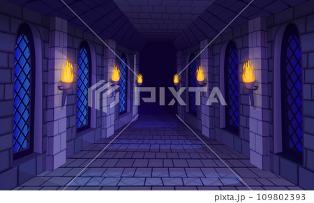 Castle corridor. Medieval castles game dungeon, stone bricks wall burning fire torch inside prison cave old temple scary church maze ancient mansion ingenious vector illustration 109802393