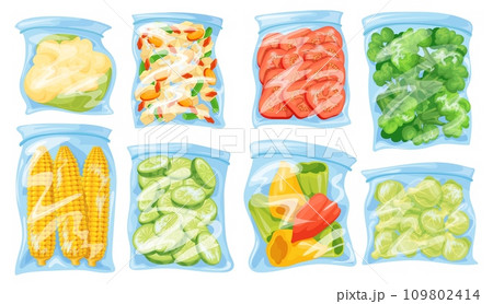 Frozen vegetables. Freezed vegetable food plastic package, fresh nutrition ingredient ice wrapping zip pack, freeze packed nature organic product, cartoon neat vector illustration Frozen vegetables. Freezed vegetable food plastic package, fresh nutrition ingredient ice wrapping zip pack, freeze packed nature organic product, cartoon neat vector illustration 109802414