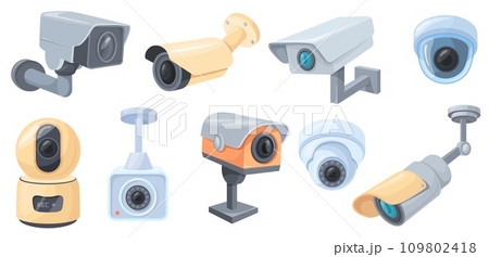 Cartoon cctv. Video camera for home or outdoor security surveillance, police watching control street monitoring, privacy protection spy system Cartoon cctv. Video camera for home or outdoor security surveillance, police watching control street monitoring, privacy protection spy system 109802418