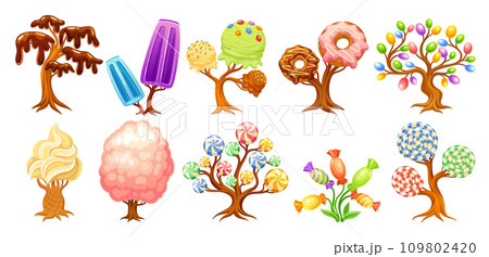 Fantasy candy sweets. Magic sweet world building element, chocolate tree caramel mushroom sugar lollipop flower cartoon confectionery fairytale dessert neoteric vector illustration Fantasy candy sweets. Magic sweet world building element, chocolate tree caramel mushroom sugar lollipop flower cartoon confectionery fairytale dessert neoteric vector illustration 109802420
