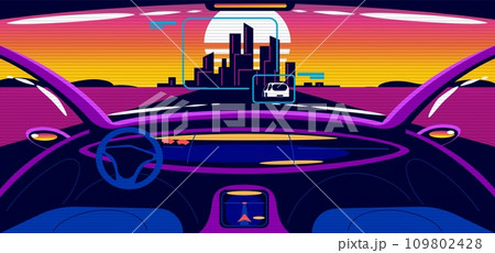 Inside smart car. Relax autonomous driving in futuristic car interior, dashboard screens digital panel of automobile salon unmanned vehicle, game vision classy vector illustration 109802428