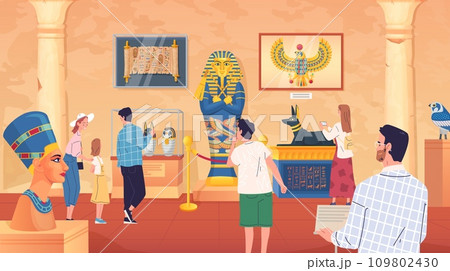 People in egyptian museum. Tourists visiting egypt museums with mummies ancient artwork statue pharaoh tomb, guide in cairo old history gallery interior cartoon vector illustration 109802430