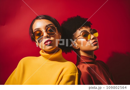two young women wearing sunglasses stand on a yellow background two young women wearing sunglasses stand on a yellow background 109802564