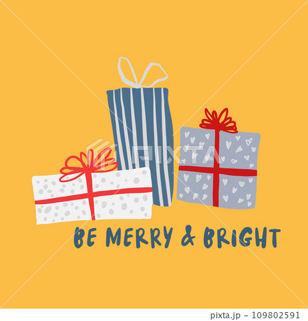 Vector Merry Christmas interior poster with gift boxes and lettering. Hand painted illustration with boxes and text on yellow background. For design and decoration. 109802591