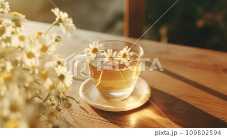 tea with chamomile on a wooden table tea with chamomile on a wooden table 109802594