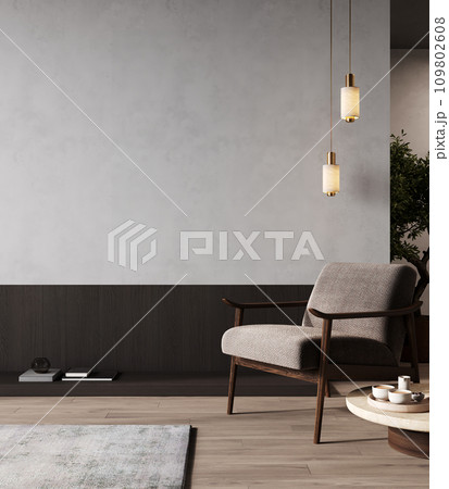 Modern room interior, console table with decor near wall with armchair and wooden floor, 3d visualization 109802608