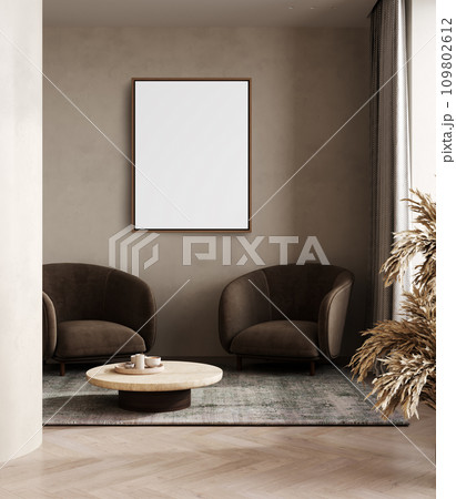 Big poster picture blank frame in modern home interior, reading nook, beige tones, modern design armchair and furniture, 3d render 109802612