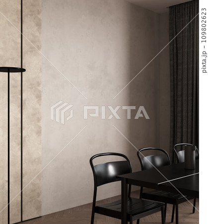 Interior design of modern dining room with black furniture and beige wall, Scandinavian style, 3d visualization 109802623