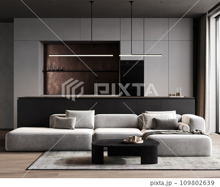 3d render of a modern contemporary minimalist kitchen with black and white cabinets, copper backsplash and light gray sofa. 109802639