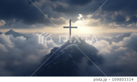 the cross surrounded by clouds and fog the cross surrounded by clouds and fog 109803314