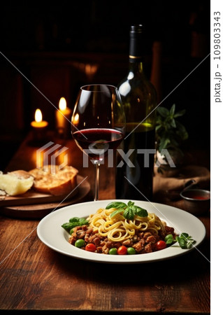 Tasty Italian dinner, rich in flavors, inviting wine, and ideal copy space Tasty Italian dinner, rich in flavors, inviting wine, and ideal copy space 109803343