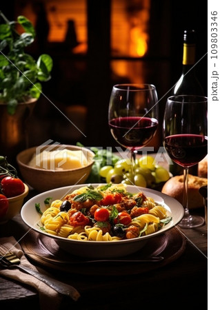 Tasty Italian dinner, rich in flavors, inviting wine, and ideal copy space Tasty Italian dinner, rich in flavors, inviting wine, and ideal copy space 109803346