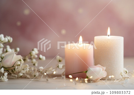 Wedding background, candles, delicate decor, and space for love-filled declarations 109803372