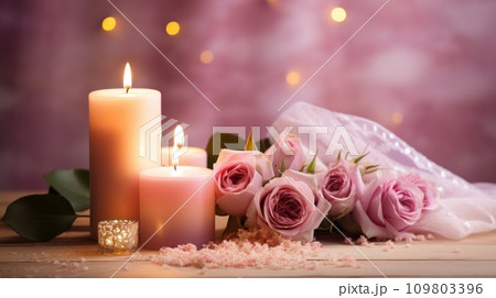 Wedding background, candles, delicate decor, and space for love-filled declarations 109803396