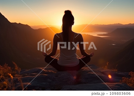 the woman is meditating at sunset on the top of a mountain 109803606