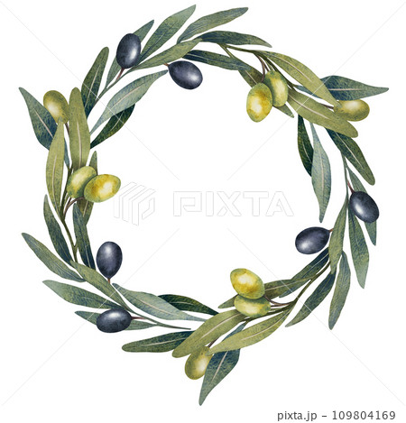 Wreath with watercolor olive tree branch with leaves, green and black olives fruit isolated on white background. Hand painted floral illustration, frame for design, logo, menu, healthly food Wreath with watercolor olive tree branch with leaves, green and black olives fruit isolated on white background. Hand painted floral illustration, frame for design, logo, menu, healthly food 109804169