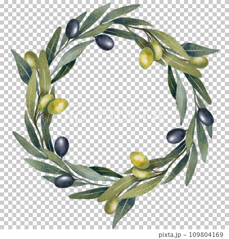 Wreath with watercolor olive tree branch with leaves, green and black olives fruit isolated on white background. Hand painted floral illustration, frame for design, logo, menu, healthly food Wreath with watercolor olive tree branch with leaves, green and black olives fruit isolated on white background. Hand painted floral illustration, frame for design, logo, menu, healthly food 109804169