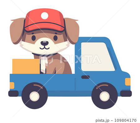 Cute cartoon dog driving a blue delivery truck. Adorable puppy in a red cap delivering packages. Friendly pet transportation service vector illustration. Cute cartoon dog driving a blue delivery truck. Adorable puppy in a red cap delivering packages. Friendly pet transportation service vector illustration. 109804170