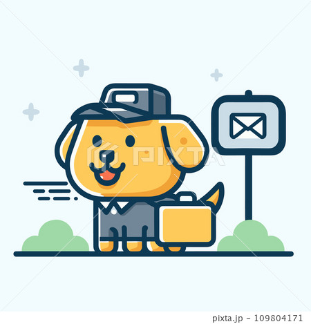 Cute cartoon dog as a mail carrier with bag and hat. Delivery mascot by mailbox, job role concept. Adorable postal worker vector illustration. 109804171
