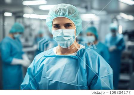 doctor in a surgical suit and mask against the background of the operating room 109804177