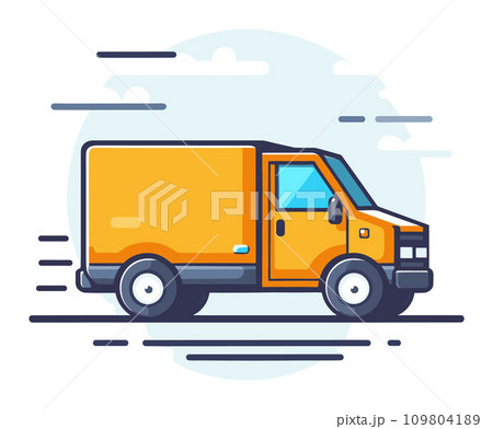 A yellow delivery truck is swiftly moving along the road in this vector illustration. 109804189